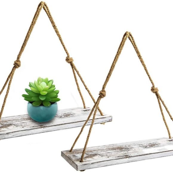 Rustic Rope Wood Hang Floating Shelf 4 Hooks - Picture 6 of 7